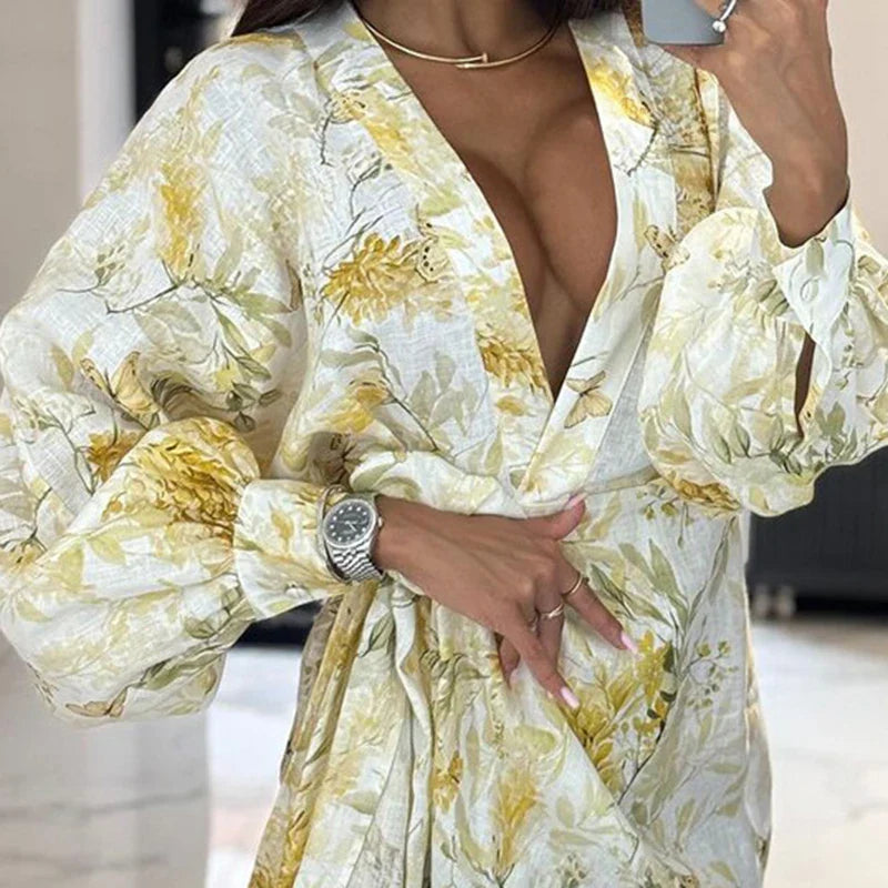 Printed V Neck Long Sleeve Lace Up Loose Mini Dress
