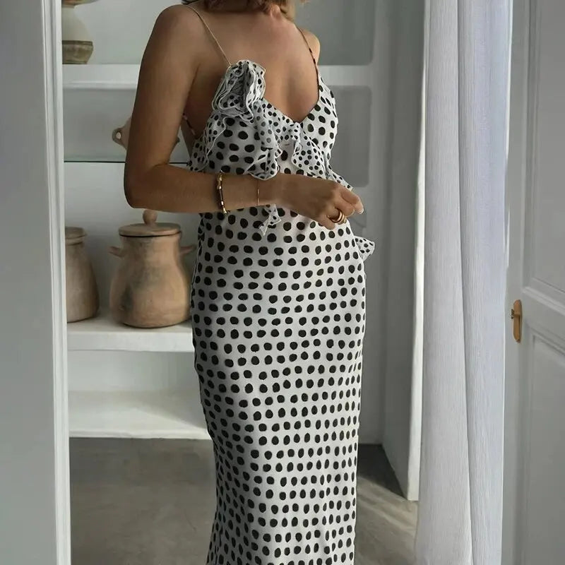 Polka Dots V-Neck Backless Printed Maxi Dress