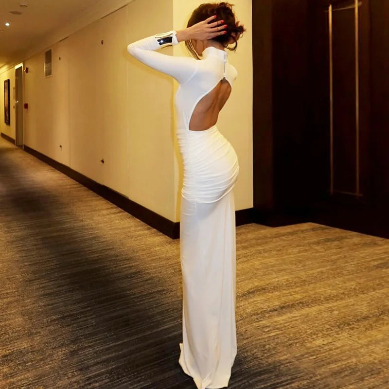 Backless Slim Turtleneck Long Sleeve Maxi Dress