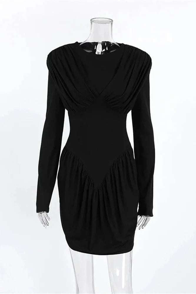 Pleated Patchwork Long Sleeve Bodycon Mini Dress