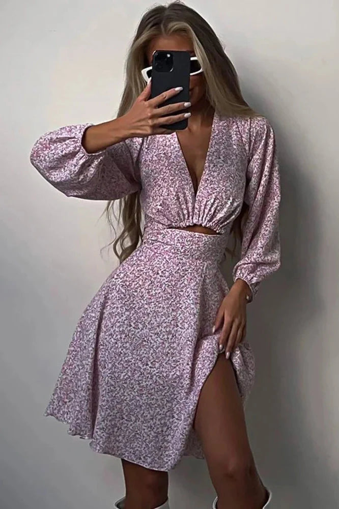 Hollow Out V-Neck Printed Long Sleeve Patchwork Mini Dress