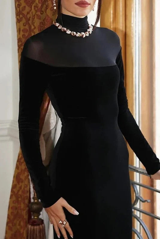 Elegant Slim High Collar Long Sleeve Bodycon Maxi Dress