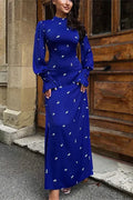 Printed Long Sleeve Patchwork Maxi Dress