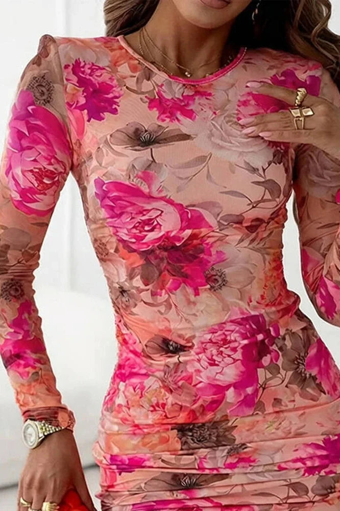 Long Sleeve Slim High Waist Pleated O-Neck Printed Mini Dress