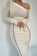 Diagonal Collar Long Sleeve Backless Midi Dress