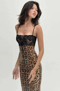 Leopard Print Spaghetti Strap Sleeveless Backless Bodycon Midi Dress