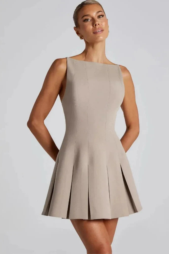 Backless High Waist A-line Spaghetti Strap Sleeveless Pleated Mini Dress