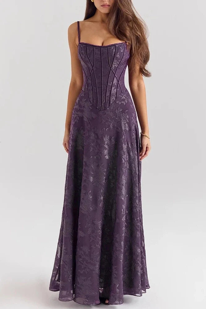 Elegant High Waist Pleated Sleeveless Lace Embroidery Maxi Dress