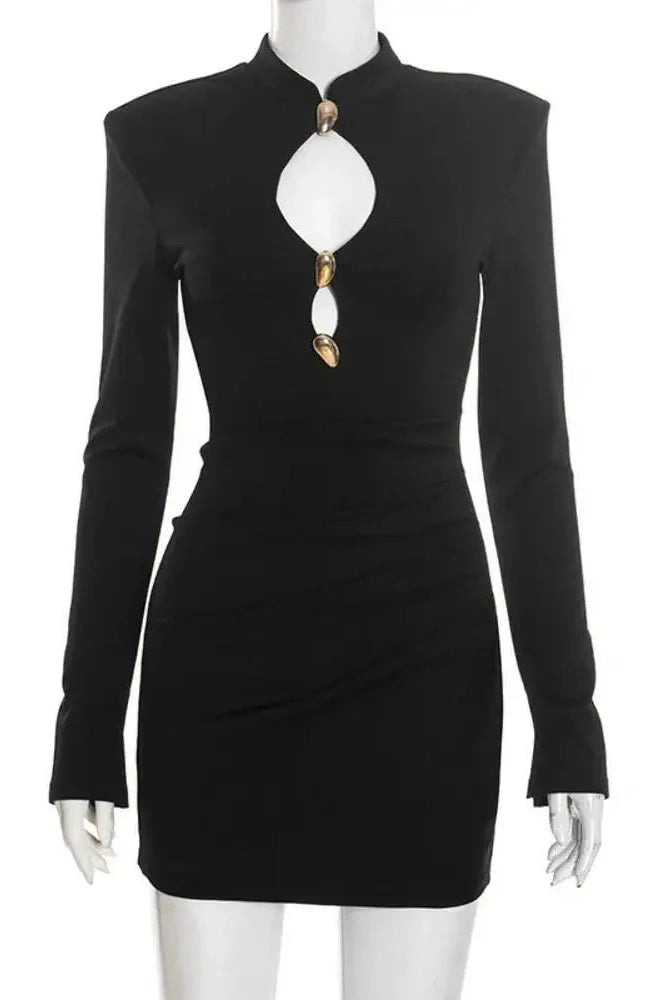 Hollow Out Long Sleeve High Collar Mini Dress