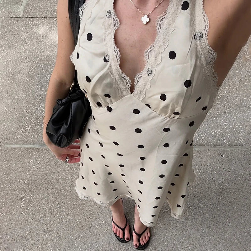 Polka Dot Lace Sleeveless Backless Mini Dress