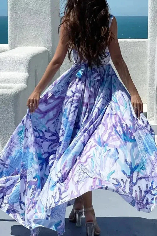 Printed Pleated Sleeveless High Waist Maxi Dress