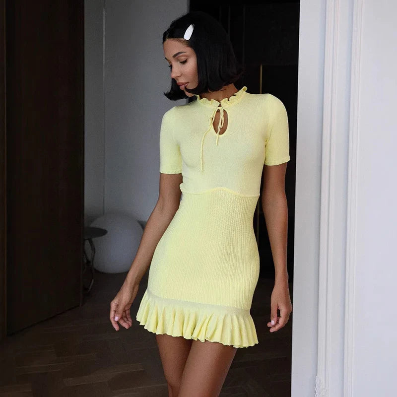 Hollow Knitting Lace Up Short Sleeve Mini Dress