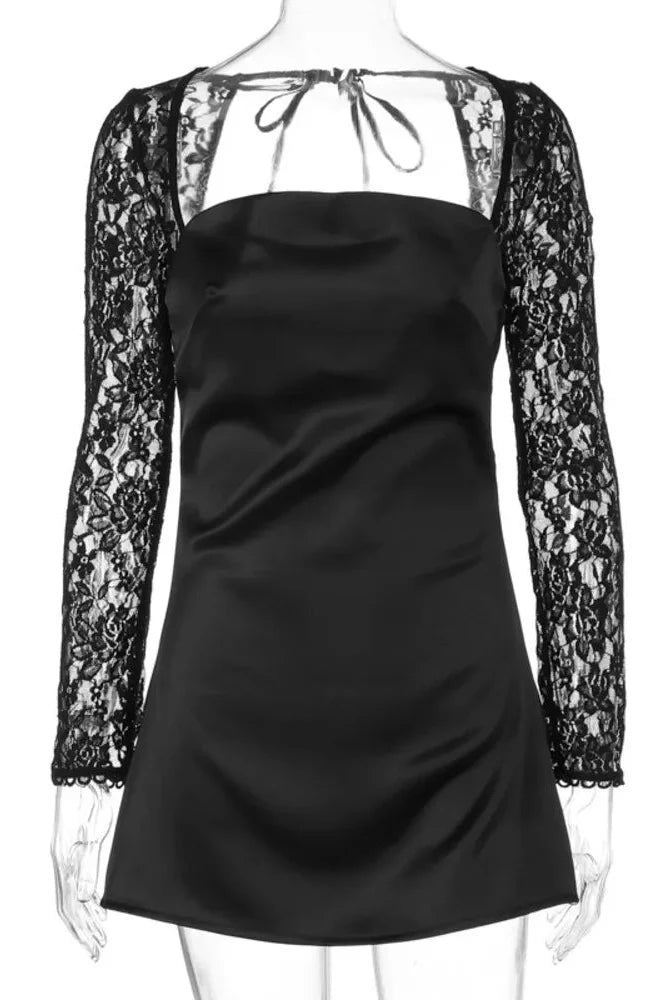 Lace Long Sleeve Square Collar Backless A-line Mini Dress