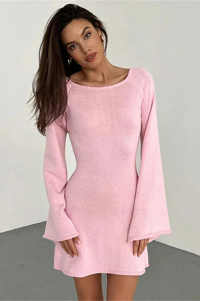 Backless Lace-Up Long Sleeve High Waist Mini Dress