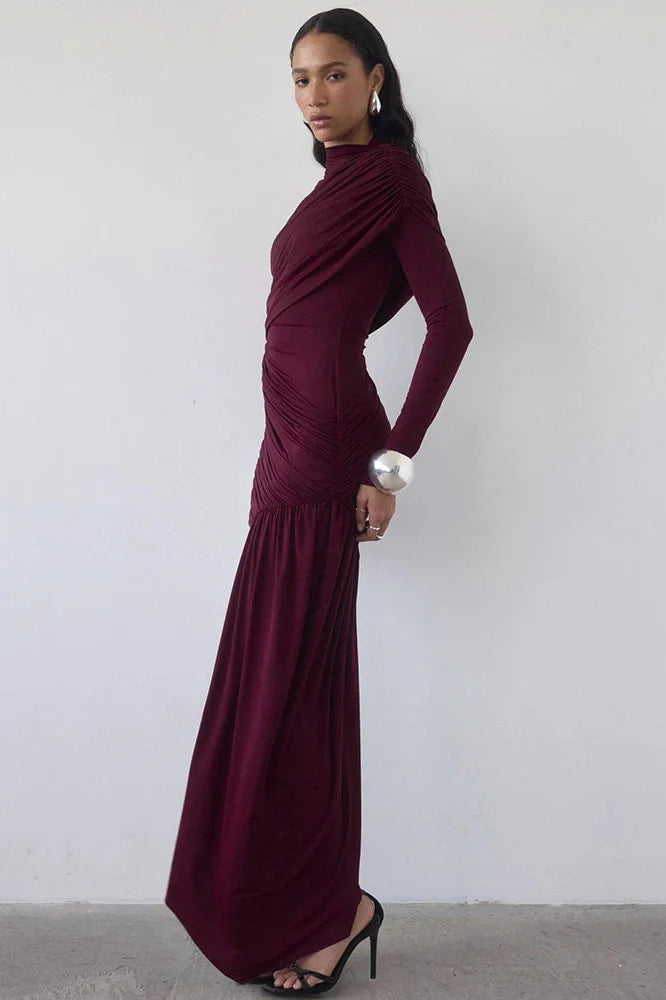 Elegant Turtleneck Long Sleeve High Waist Pleated Irregular Mini Dress