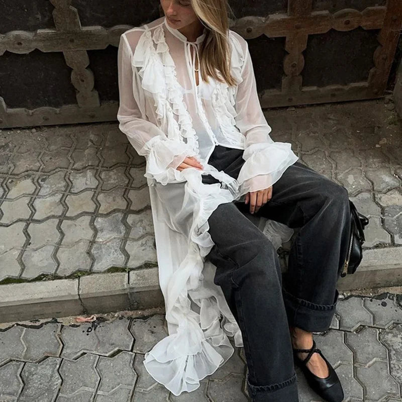 See Through Lace Up Patchwork Maxi Dress