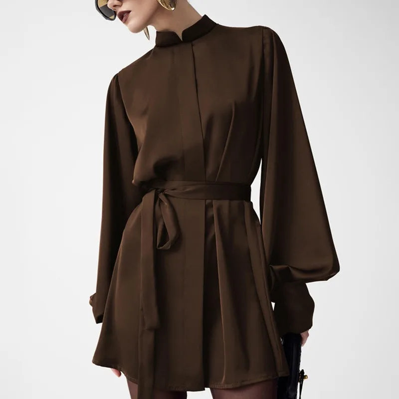 Elegant Lace Up Half High Neck High Waist Mini Dress