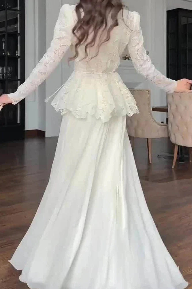 Elegant High Waist Long Sleeve Lace Embroidery Slim Maxi Dress