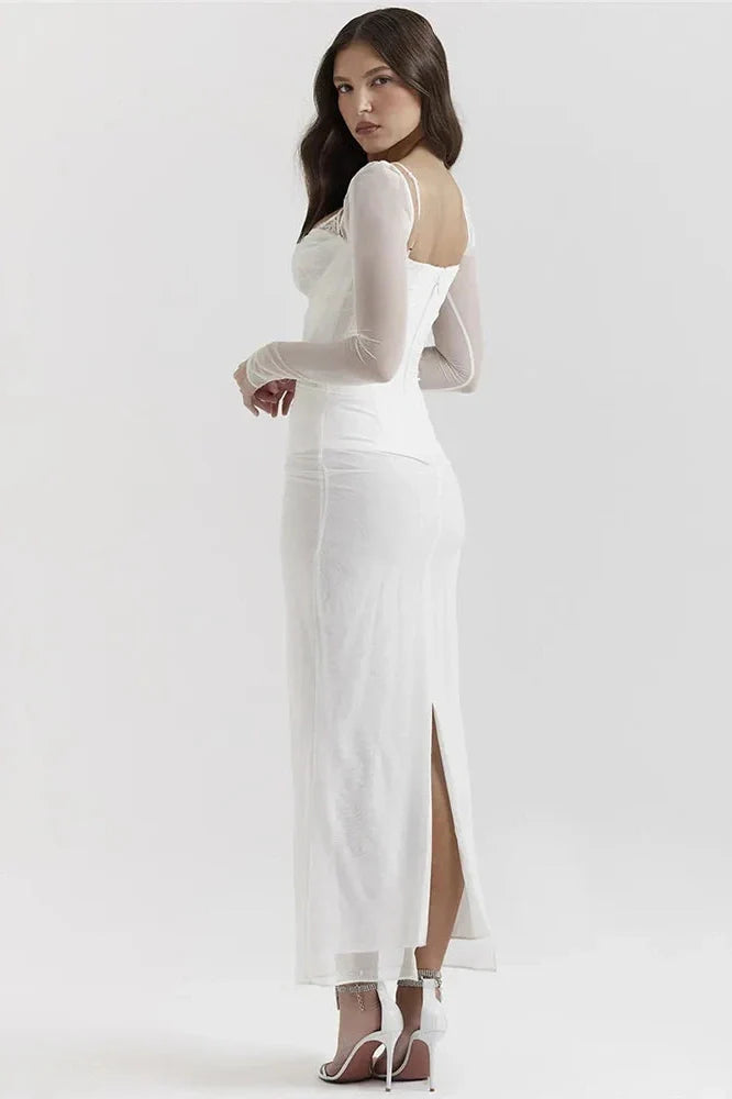 Elegant Sheer Long Sleeve Strapless Backless Maxi Dress