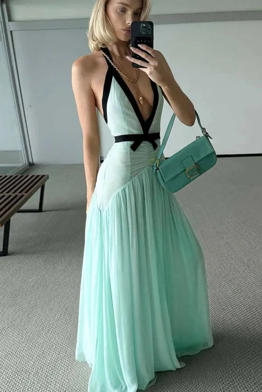 Elegant Mesh Pleated Backless V-Neck Maxi Dress