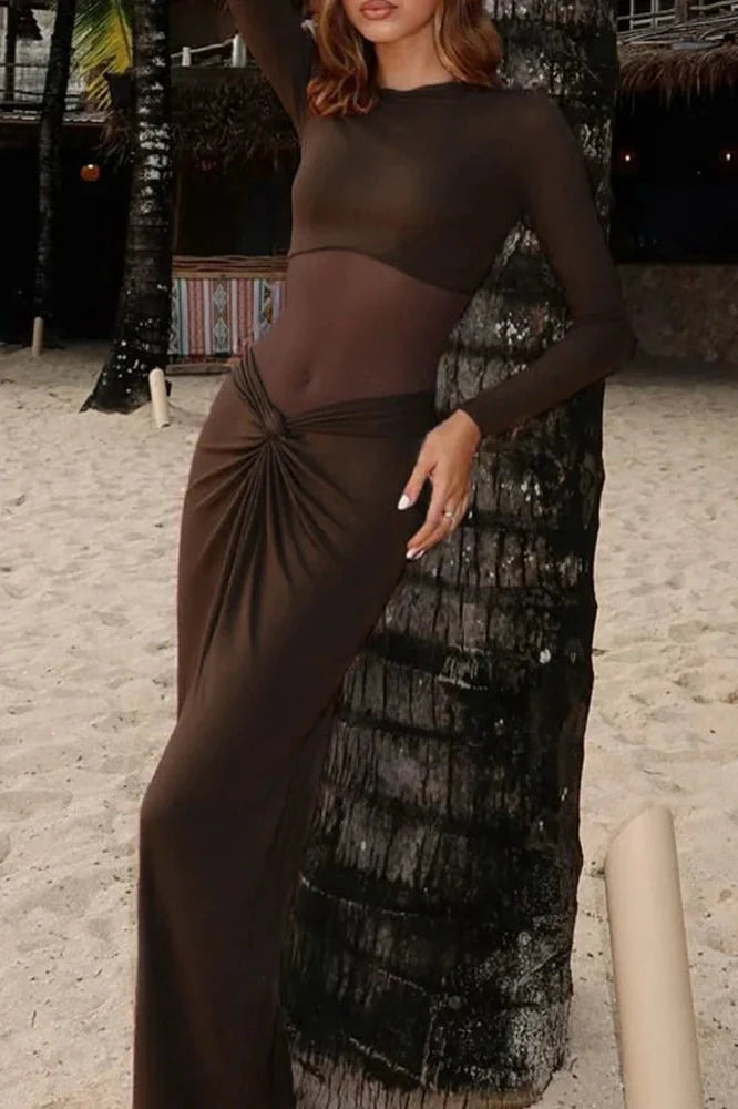 Hollow Out Slim Long Sleeve Pleated High Collar Maxi Dress