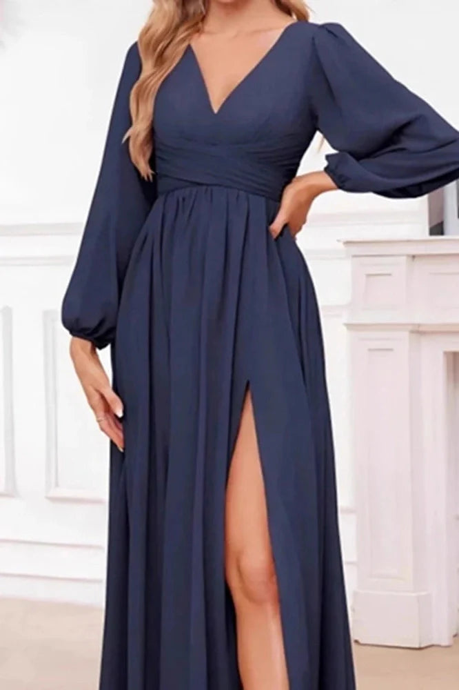 Elegant Long Sleeve Loose V-Neck Split Maxi Dress