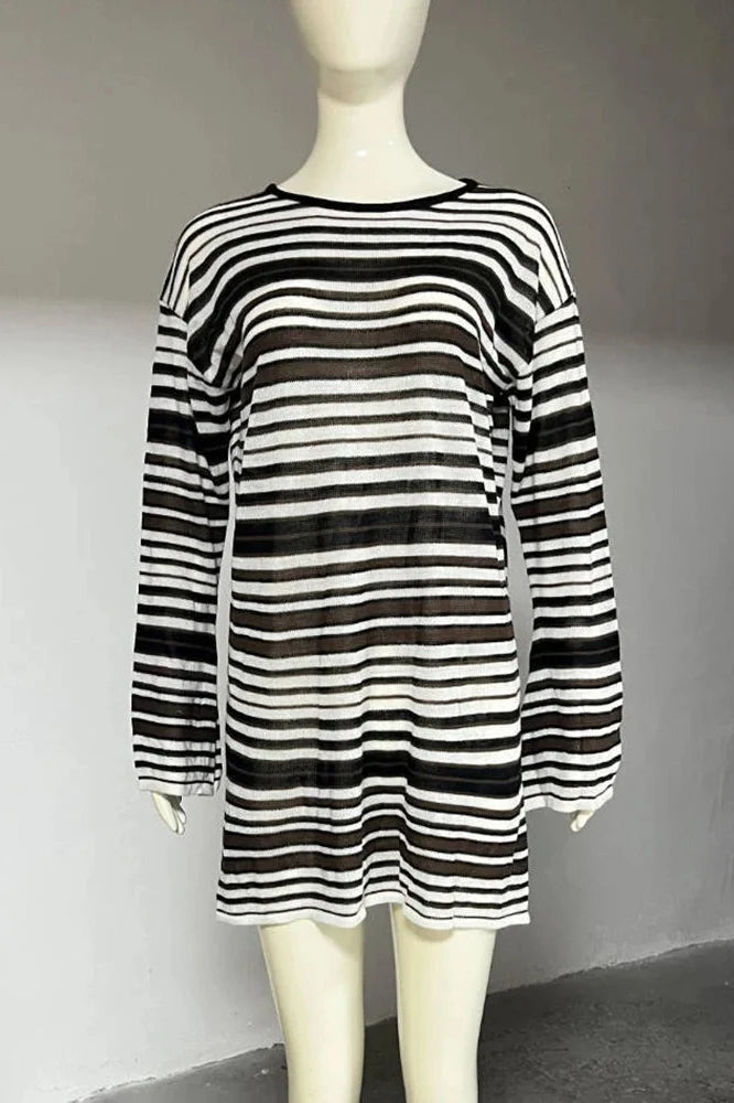 Stripe Knitted Backless Loose Long Sleeve Mini Dress