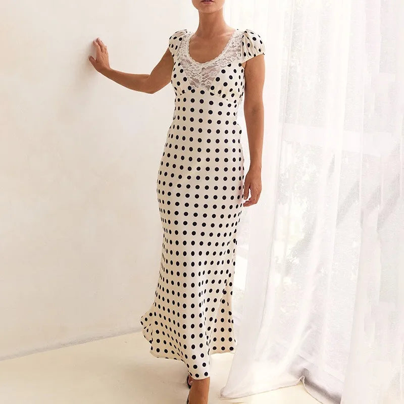 Elegant Polka Dot Patchwork Hollow Out Maxi Dress