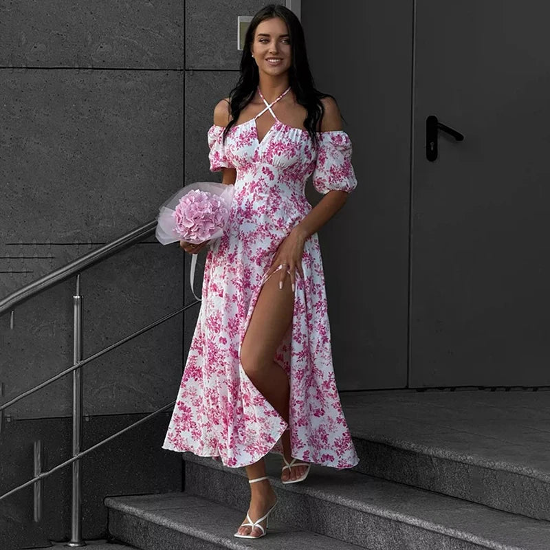 Off Shoulder Short Sleeve Lace Printed Slit Maxi Dress