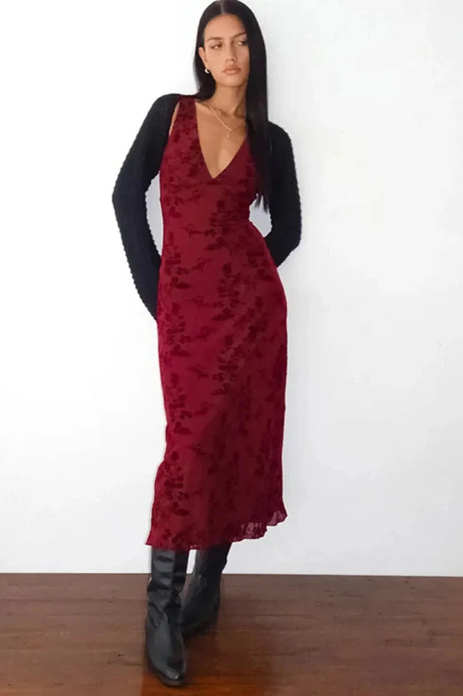 Printed Deep V Neck Sleeveless Slim Maxi Dress
