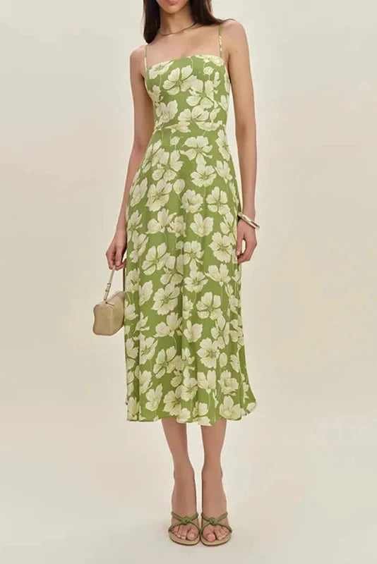 Backless Fit Floral Printed Sleeveless High Waist Midi Dress