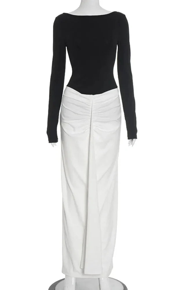 Long Sleeve Backless Patchwork High Waist Maxi Dress