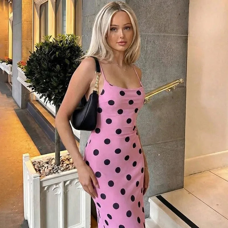 Lace Up Printed Polka Dot Backless Maxi Dress