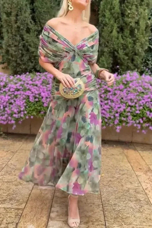Elegant Pleated Printed Maxi Dress