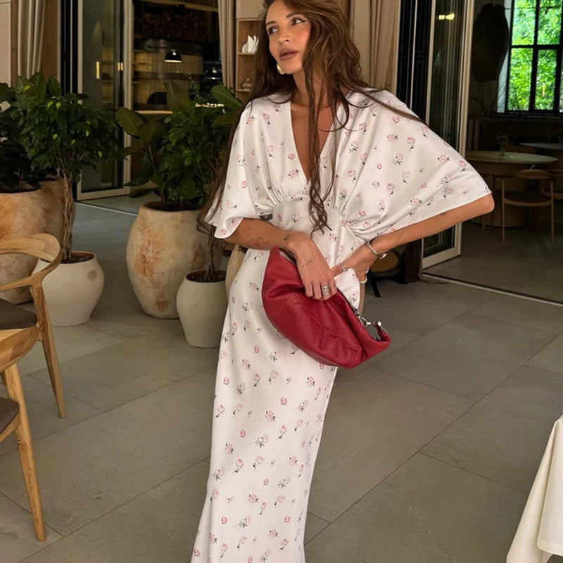 Printed V-Neck Short Sleeve Maxi Dress
