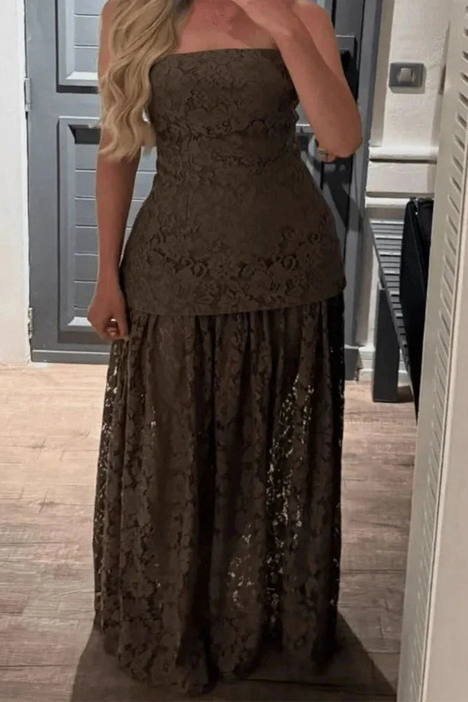 Hollow Out Off-Shoulder Lace Pleated High Waist Maxi Dress