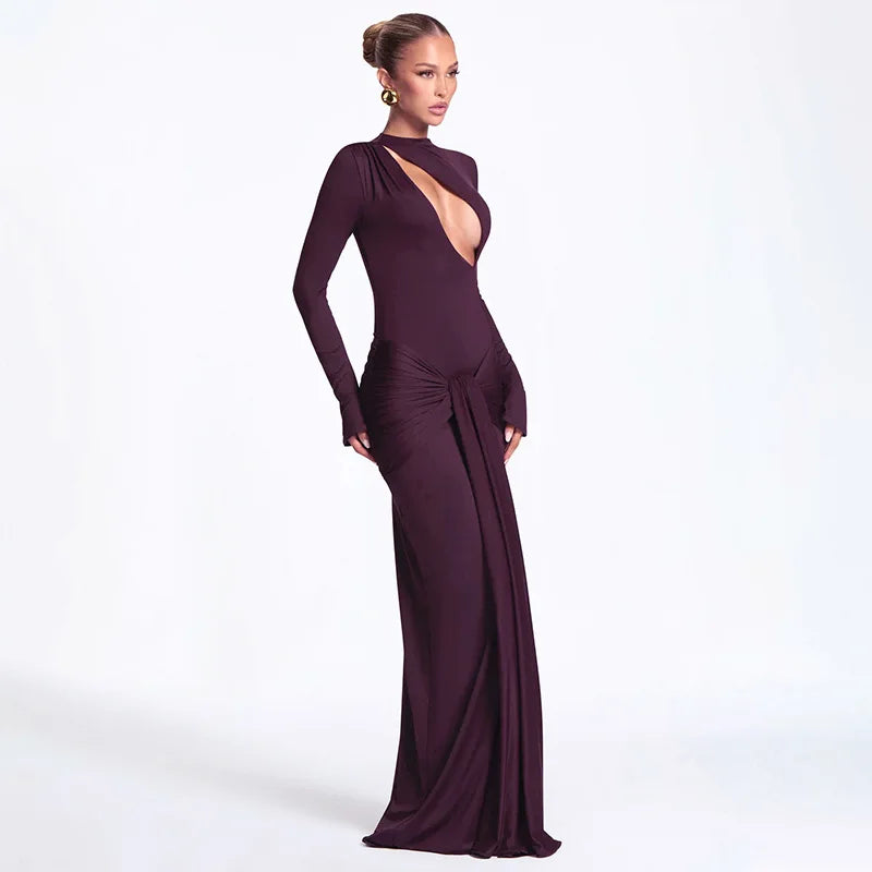 Hollow Out Slim Long Sleeves Maxi Dress