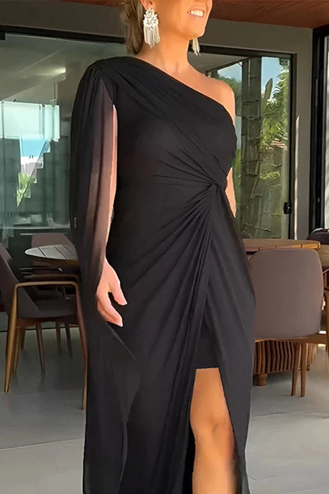 Elegant Slash Collar High Split Maxi Dress