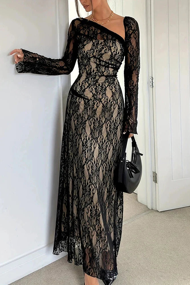 Flare Sleeve Pleated Slim Slash Collar Lace Embroidery Maxi Dress
