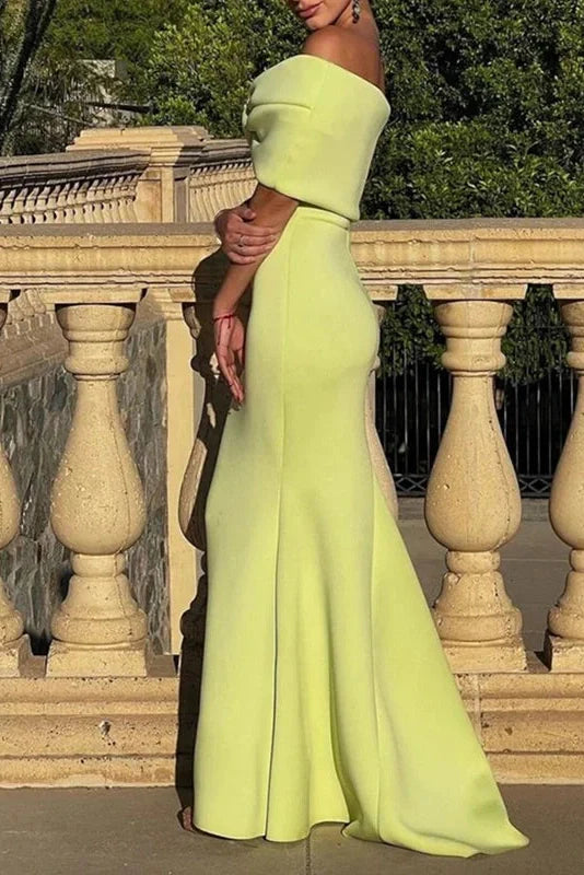 High Waist Off-Shoulder Slim Pleated Maxi Dress