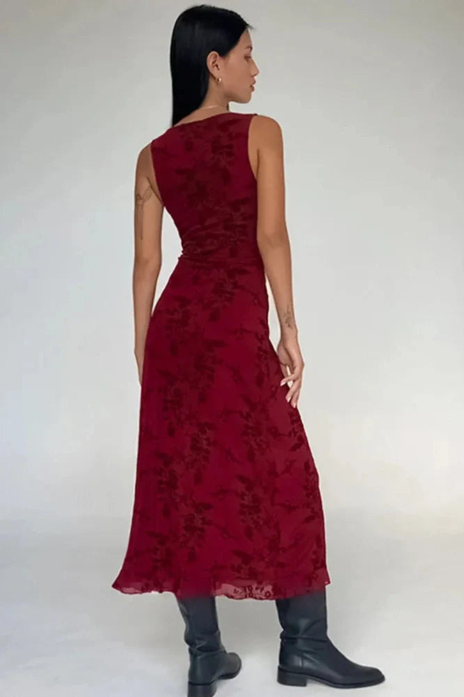 Printed Deep V Neck Sleeveless Slim Maxi Dress