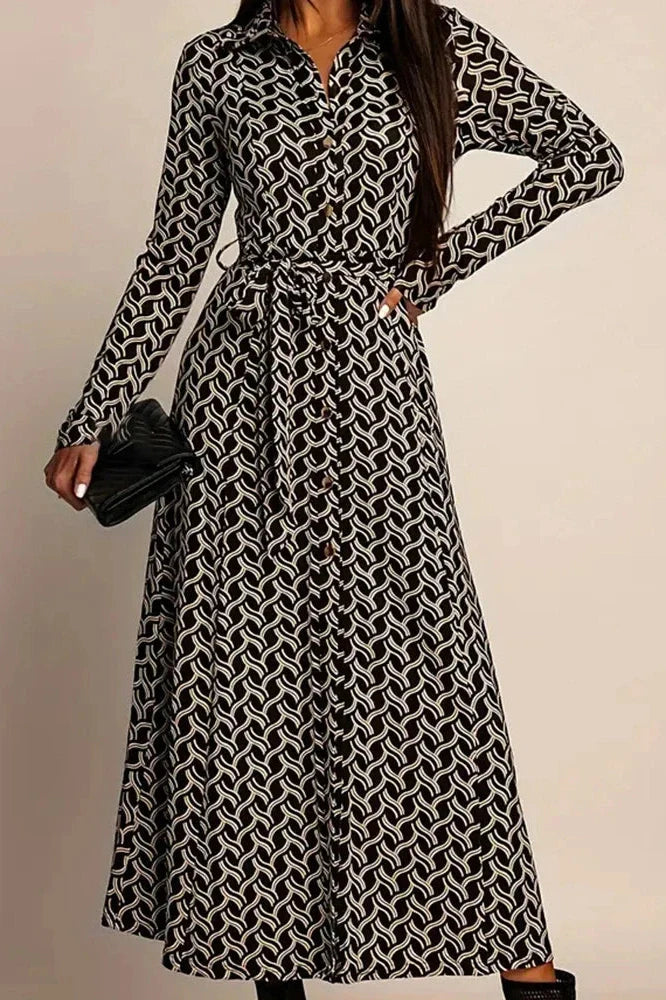 Printed High Waist Long Sleeve Pleat Midi Dress