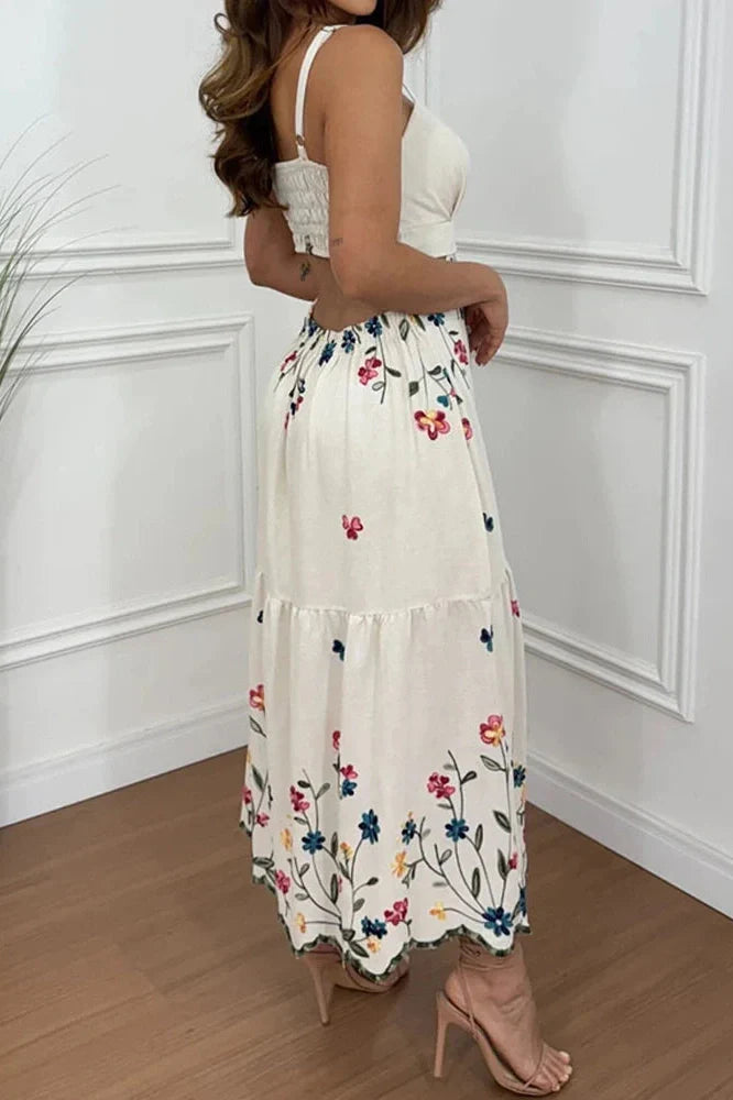 Hollow Out Printed Sleeveless High Waist Maxi Dress