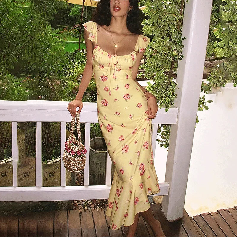 Floral Lace-Up Patchwork Backless Maxi Dress