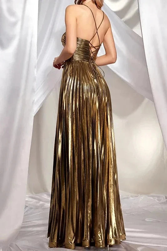 Hollow Out High Waist Sleeveless Pleated Backless Maxi Dress