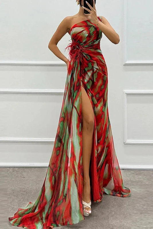 Sleeveless Backless High Split Printed One Shoulder Maxi Dress