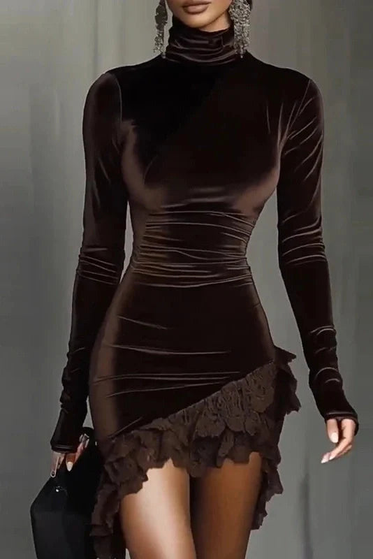 Elegant High Waist Turtleneck Slim Lace Irregular Mini Dress