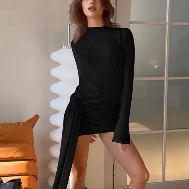 High Neck Lace Up Long Sleeve Mini Dress