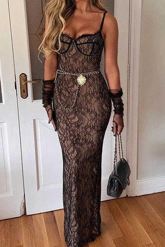 Elegant V Neck Sleeveless Lace Slim Maxi Dress
