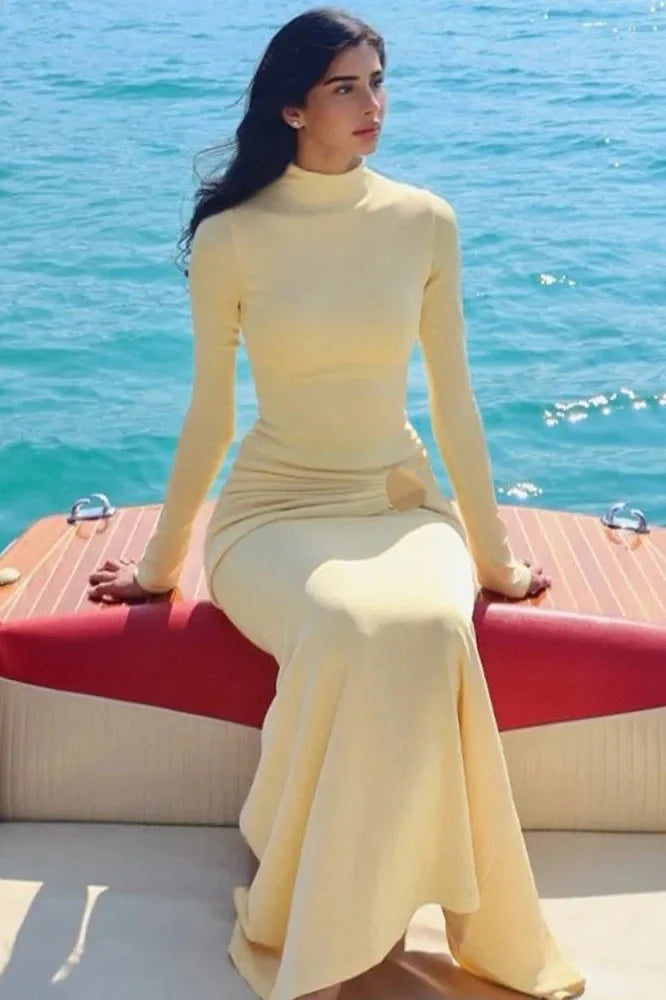 High Collar Long Sleeve Bodycon Maxi Dress